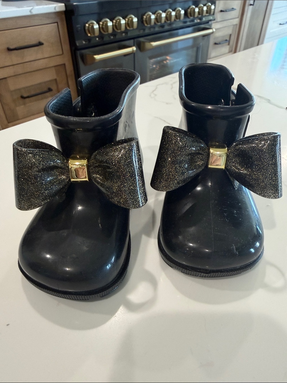 Mini Melissa Black Girls' Rain Boots with Glitter Bow Accents
